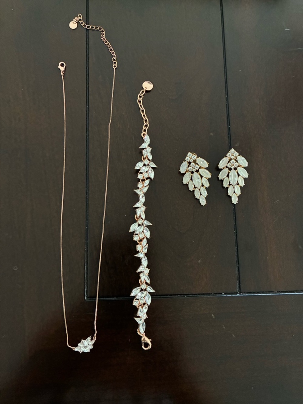 Rose Gold Leaf Crystal Jewelry Set - Necklace, Bracelet & Earrings
